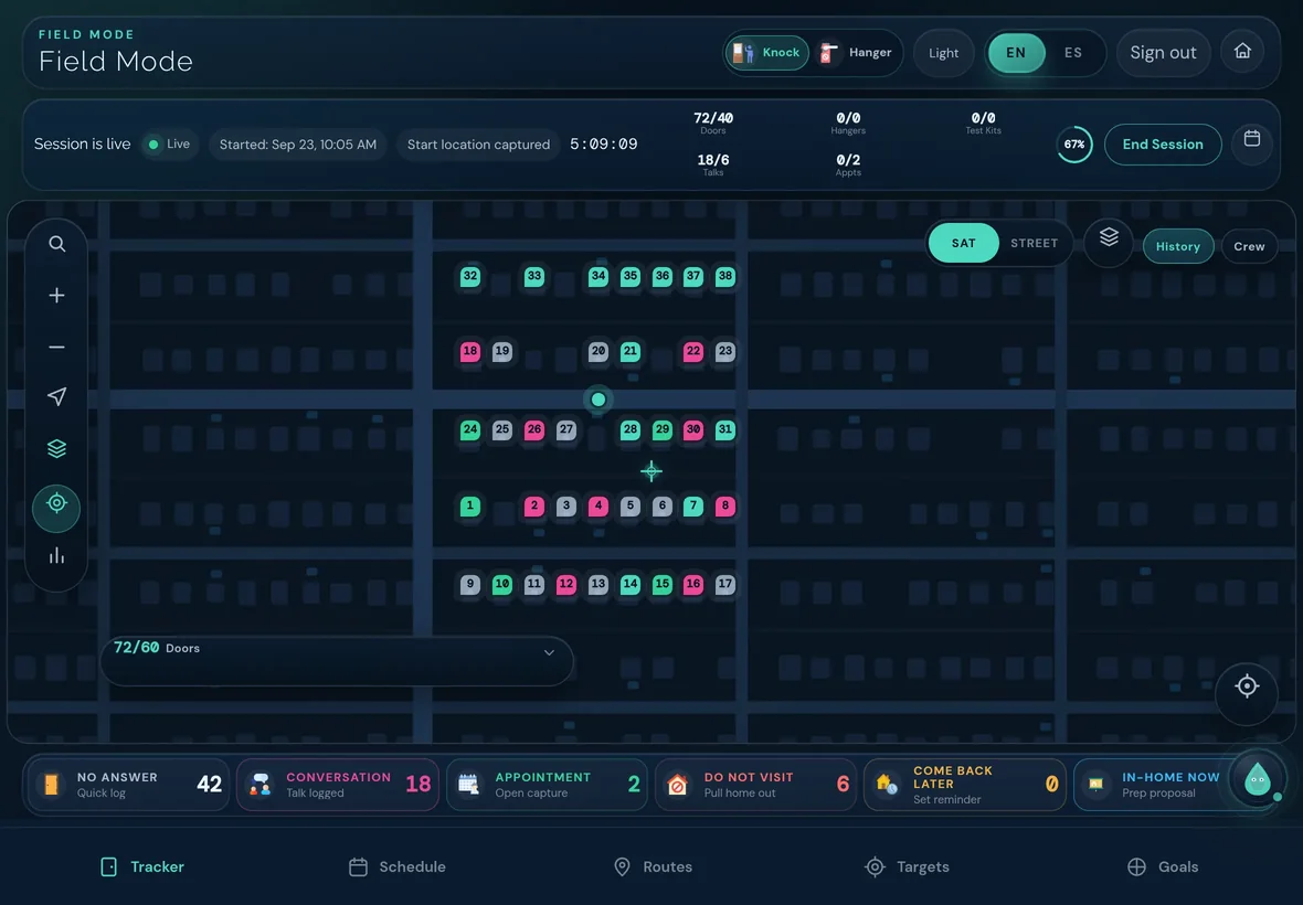 Field Mode: the planner map with door pins and today’s results